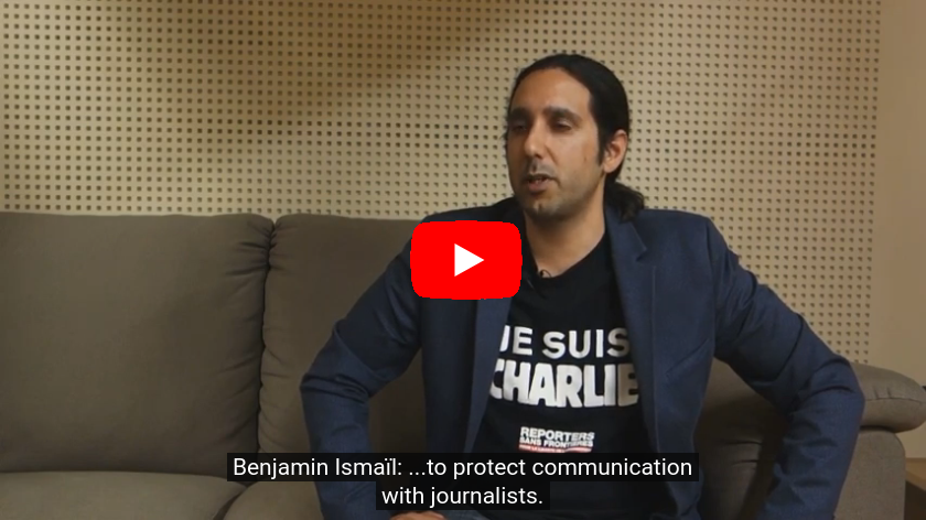 Thumbnail from an interview with Benjamin Ismaïl from Reporters without Borders.  The subtitle says: '... to protect communication with journalists'