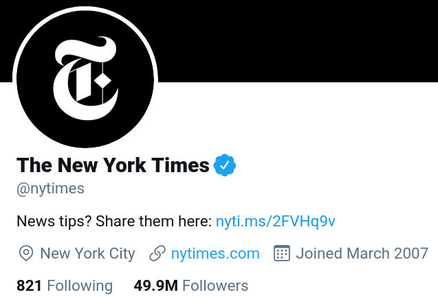 A screenshot of the New York Time's Twitter profile linking to their contact information.