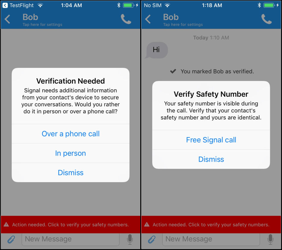 Two screenshots of Vaziripour et al.'s modified authentication ceremony for Signal.  The first screenshot shows an option for user's to 'secure their conversation' over a phone call or in person using a QR Code.  The second image shows the prompt at the start of the phone call's workflow telling the user to verify that their safety number matches their contact's safety number.